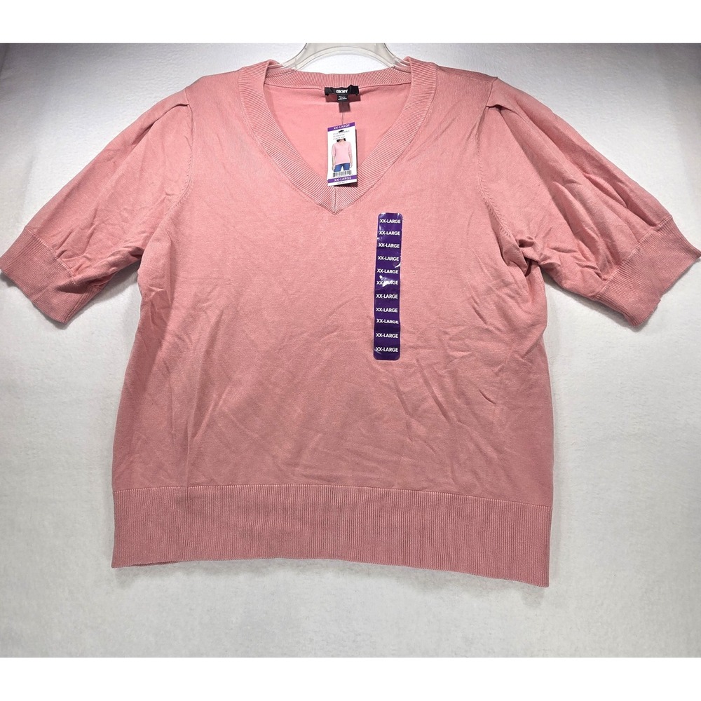 DKNY Womens Rose Pink V-Neck Puff Sleeve Short Sleeve Knit Sweater P34SAMUS XXL